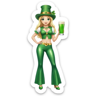 Blonde haired pretty woman in glittery green bell bottoms and tall leprechaun hat holding a green beer sticker