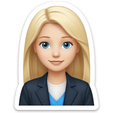 A white girl with long straight blonde hair, blue eyes and a white dress with a smiling black jacket sticker