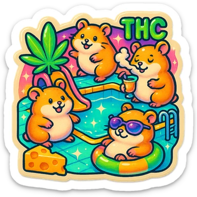 square Discord server icon, retro sticker style, hamsters at a pool party with weed, cheese, THC theme, bright nostalgic colors, sparkles, bold outlines, centered clear playful composition sticker