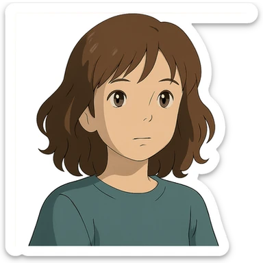 portrait of an Asian girl with medium brown wavy hair and brown eyes, paler skin tone, ghibli style sticker