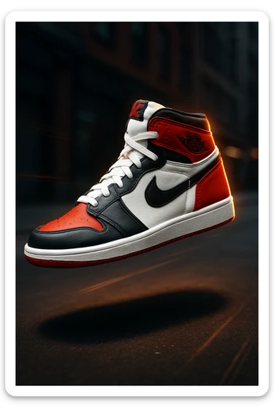 “A high-resolution image of an iconic Air Jordan sneaker floating in mid-air with dramatic lighting, shadow underneath, glowing edge highlights, bold red, black, and white color scheme, urban street background blurred, sharp focus on the shoe, cinematic depth of field, dynamic angle with motion lines, premium sneaker ad style.” sticker
