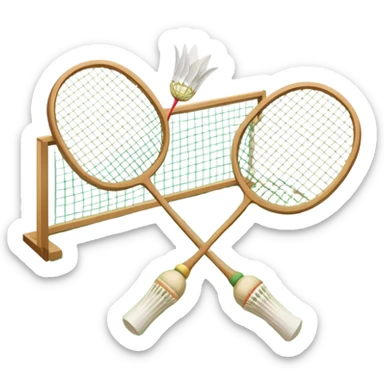 Two crossed badminton rackets with a shuttlecock resting in between, set against the faint outline of a badminton court. The image highlights the tools of the sport, with a subtle emphasis on the court's net and boundaries, symbolizing competition and skill. sticker