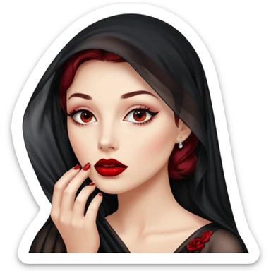 Female figure lifting sheer black veil from her lips, forbidden intimacy sticker