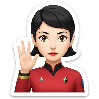 female Vulcan with short black hair and small pointy ears in Starfleet red uniform (Star Trek) no green face sticker