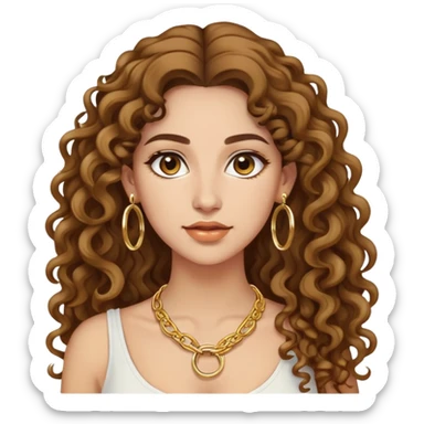 attractive Greek woman with long curly hair and light skin wearing gold hoop earrings and a gold necklace sticker