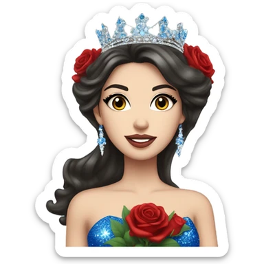 White girl Beauty queen with dark hair, wearing a “Miss Massachusetts” sash and wearing a crown and blue sparkly dress holding red roses sticker