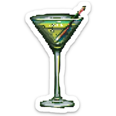 simple martini glass with colorless liquid, just showing glass outline with minimal liquid representation, green olive on toothpick at bottom sticker