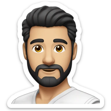 close up of white skin indian in plain white shirt with sleeve up and quiff black hair style and beard sticker