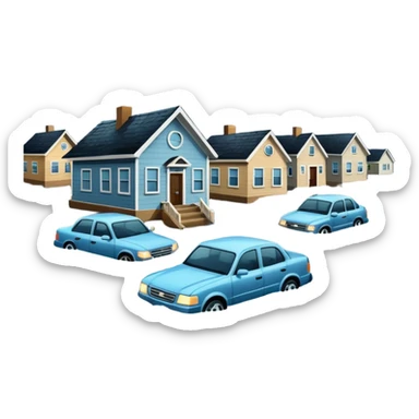 showing a flood disaster scene with strong water waves overflowing streets, partially submerged houses and cars, dark cloudy sky sticker