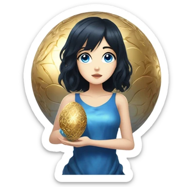 anime girl with blue-black hair, blue eyes, gentle and beautiful, mysterious, holding a golden Faberge egg in her arms sticker