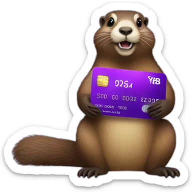 a marmot holding a purple credit card with spendesk written on it sticker