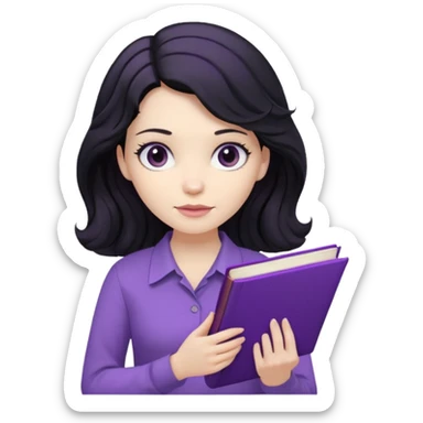 Long Hair Women with Black wavy hair, with purple Book, beige shir, without background sticker