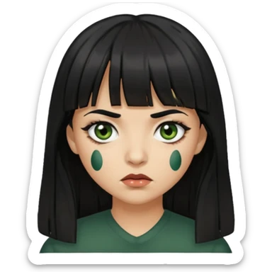 Mulher de franja cabelo preto pele verde bem escuro com a cara machucada com os olhos regalado fundo escuro cabelo longoo sticker