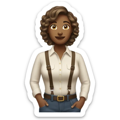 A wheat-toned woman with waist-length hair, brown hair, wavy. Wearing earrings and suspenders. sticker