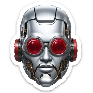 Silver round male cyborg head with red goggles, goatee and circuits sticker