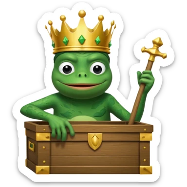 Emoji of an empty wooden coffin with its lid on top, the word ‘ECHO’ carved into the lid. The coffin is shown from the outside. A king-like Pepe the Frog, standing outside the coffin, is hammering nails into the lid to seal it shut. No character is inside the coffin. Not a treasure chest. sticker