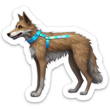  brindle fluffy lurcher fox running blue eyes fluffy ears and iridescent holographic oilslick harness wearing paper flower crown yellow caution tape neon sign sticker