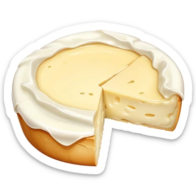 cinematic-realistic-brie-cheese-emoji,-featuring-a-creamy gooey center,-soft-ripened-cheese-with-a-delicate-rind-rendered-with-lifelike-detail-and-inviting,-natural-lighting. sticker