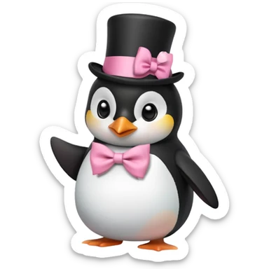 Create a penguin with a top hat and a cute pink bow on its stomach sticker