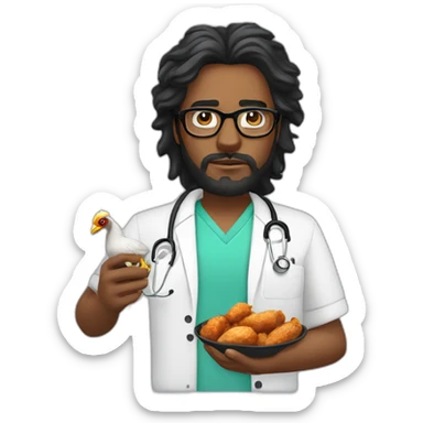 disgruntled Mauritian doctor with dark skin with long black tousled hair with a circular beard and black glasses. he is holding a chicken wing in his hand sticker