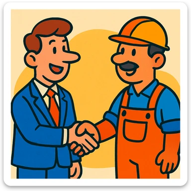 cartoon style office worker shaking hands with factory worker, colorful uniforms emphasized sticker