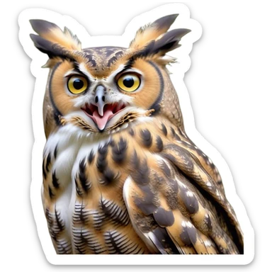 Cinematic Cute Yawning Great Horned Owl Portrait Emoji, Head tilted slightly with a dramatic, wide-open yawn, showcasing a soft, downy mottled plumage with gently drooping feathers, round golden eyes barely open in drowsy contentment, Simplified yet irresistibly adorable features, highly detailed, glowing with a soft, cozy glow, high shine, relaxed yet expressive, stylized with a touch of nocturnal whimsy, bright and endearing, soft glowing outline, capturing the essence of a sleepy yet affectionate owl, so drowsy it feels like it could glide out of the screen and curl up for a nap! sticker