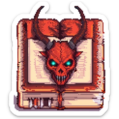 Make the red cursed book with a sinister face look even more evil by adding horns, more intense glowing eyes, and a smoky aura. Pixel art style with no background. sticker