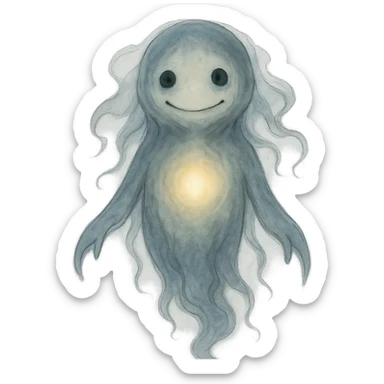 ghibli style AI spirit with glowing core, gentle smile, ethereal and slightly eerie sticker