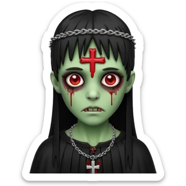 zumbi verde com olhos vermelhos sangrando e franja roupa preta e um crucifixo como colar sticker