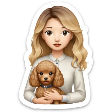 a asian lady with long balayage hair with blonde highlight, holding a brown poodle sticker