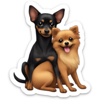 Black German mini pinscher hugging a pomeranian sticker