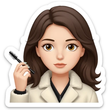 Garota branca de cabelos levemente ondulados castanhos escuros médio aplicando máscara de cílios, ela veste casaco off white estilo cozy sticker