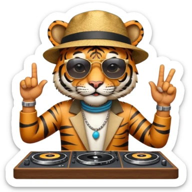 Un tigre con sombrero estilo cubano, una mesa de dj y gafas de sol. Una mano en la mesa de dj y la otra mano señalando al cielo a Dios sticker