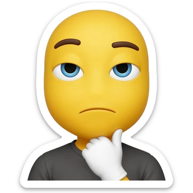 The emoji has a round yellow face with a slightly skeptical expression 
Its eyebrows are raised, and the eyes are looking sideways, which gives the feeling that it’s judging or thinking
One white-gloved hand is placed under its chin, 
The mouth is slightly curved sticker
