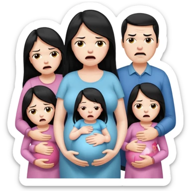 pregnant woman with long black hair crying, husband looking angry, five little girls present sticker