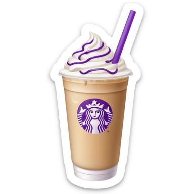 Iced latte with purple straw and a small logo on cup sticker