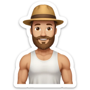 Muscular man with mid-long hair wearing a hat, big beard, smiling, white tank top sticker