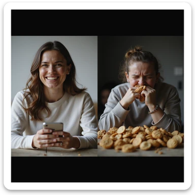realistic split-screen scene: smiling influencers on smartphone saying sugar is harmless, bright lights and filters; right side shows a person with sad and swollen expression surrounded by snacks and sweets, shadowy and messy environment; social contrast, 4K quality sticker