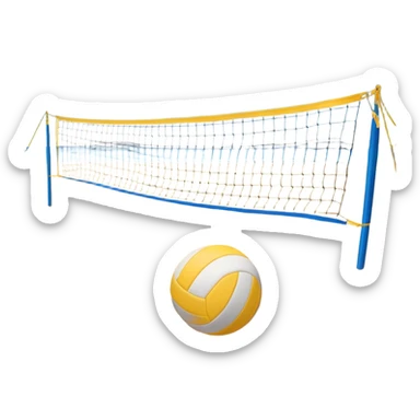 A volleyball resting on the yellow sand on a beach, with the net in the background and a scenic view of the ocean and sky. The scene captures the relaxed yet competitive vibe of beach volleyball, with warm sunlight and the natural beauty of the beach. sticker