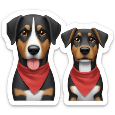 Coonhound and German Shepherd mix dog wearing small plain red bandana walking with left floppy ears sticker