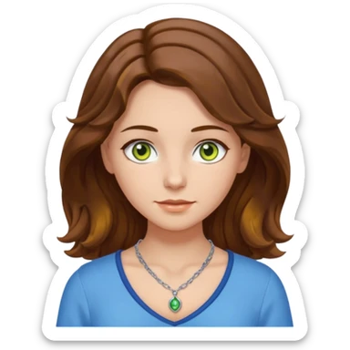 girl with brown, wave, middle hair, green- yellow eyes in white top with blue blouse and selver necklace sticker