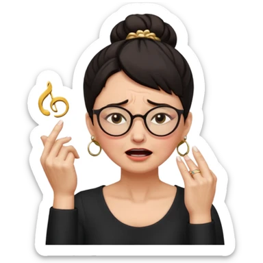  middle aged woman with dark hair pulled up in a high bun, wearing round ring earrings and glasses with a very painful expression on her face, eyes squeeed shut, wincing in pain, sticking her fingers in her ears trying to not hear a terrible singer who is too loud and out of tune.  sticker