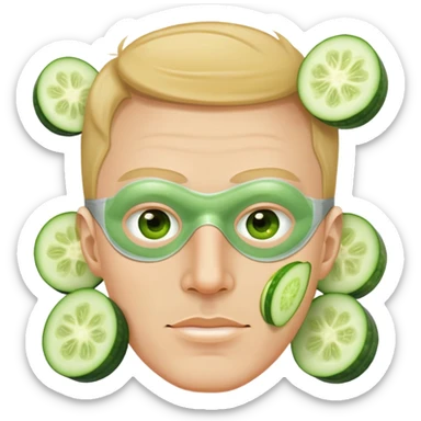 white man with a green facial mask and cucumber slices on eyes sticker