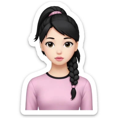 a woman with long sleeve dress top, her hair is long black pony tail, her face is soft girl style, her eyes color are black and the color of her lip is soft pink sticker