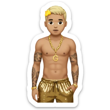 Chris Brown with blonde hair, dark brown sequin baggy pants, shirtless with necklace sticker