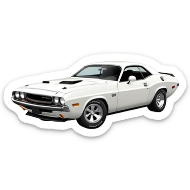 Structurally accurate white 1971 Dodge Challenger from Death Proof, perfect three-quarter perspective at 30 degrees, consistent proportions, detailed front end and side profile, all white, iOS emoji style sticker