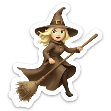 Blonde white witch in brown dress flying on broom sticker