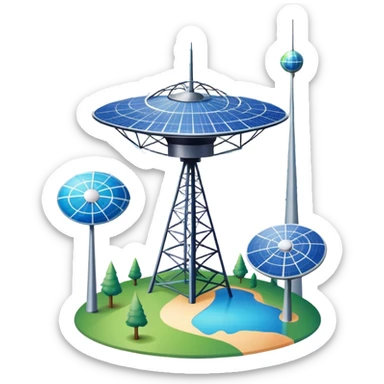 An icon featuring a satellite dish, cell tower with signal waves, and an earth, connected by lines, symbolizing telecommunications. The design includes data signals, network nodes, and a mobile device, representing global digital communication. Transparent background sticker