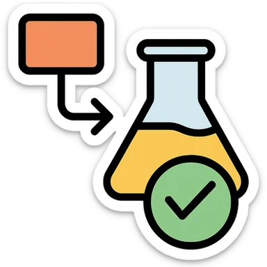 business-appropriate icon for diagnostic lab approval, with a flowchart arrow, beaker, and checkmark, minimal and clear style sticker
