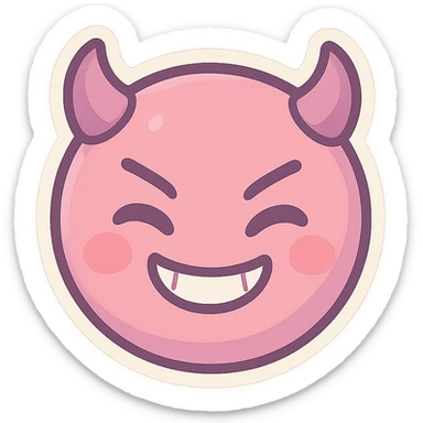 devil emoji, chibi style, pastel palette, pink and purple, small horns, mischievous grin sticker